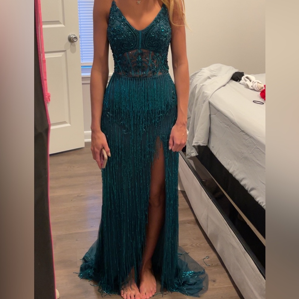 Teal Beaded Evening Gown with Slit